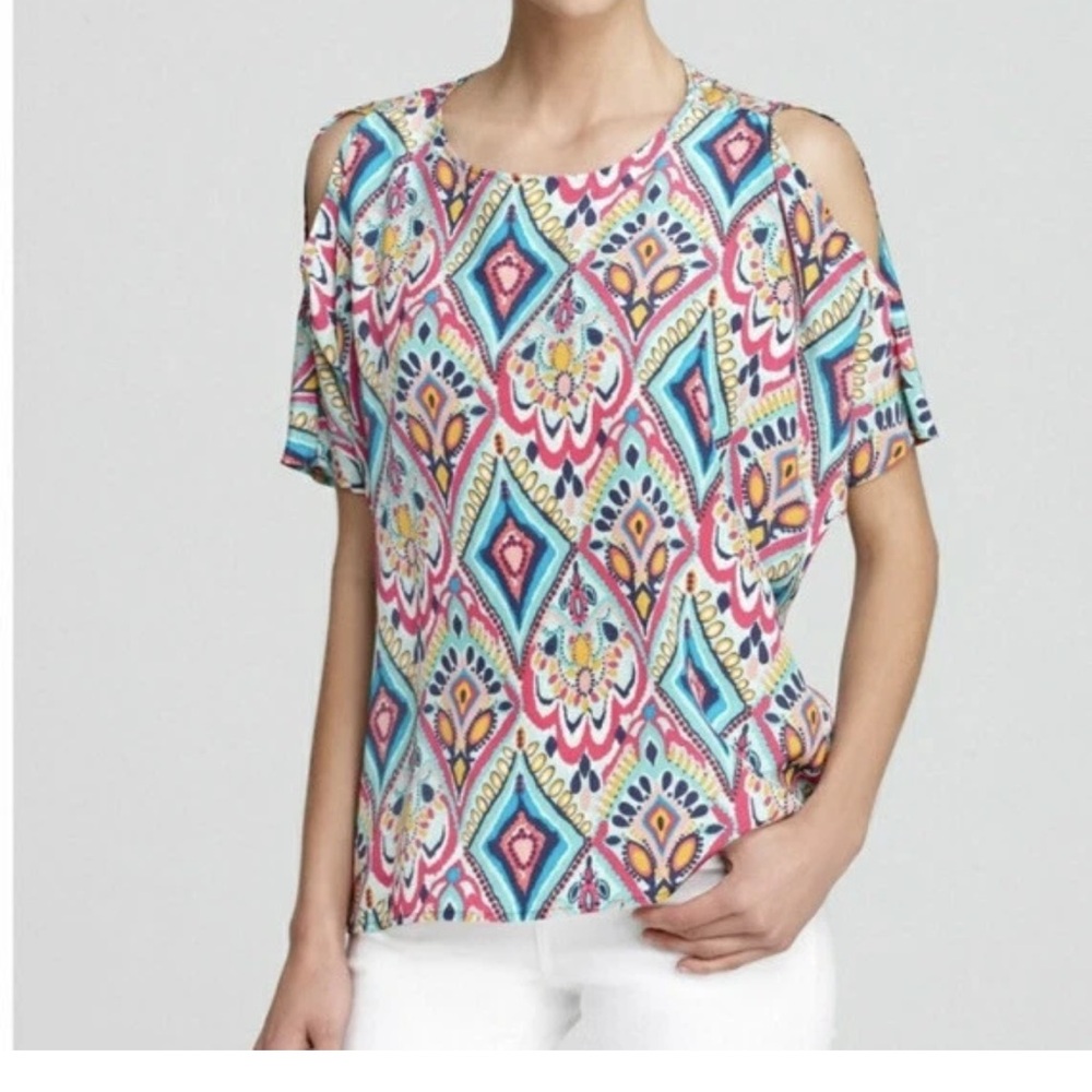 NEW SILK Lilly Pulitzer Cold-Shoulder Printed Tee in Pink, Turquoise & Yellow